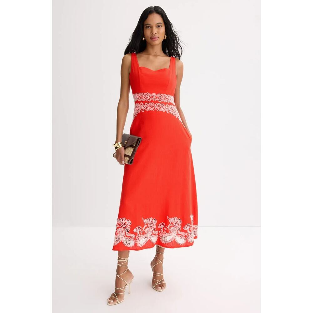 Ted Baker London Embroidered Dress Square Neck Floral Paisley Midi A Line Red 4